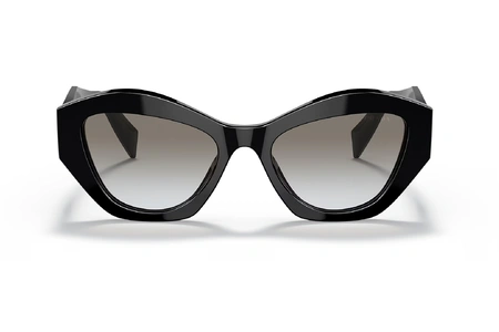 عینک آفتابی پرادا زنانه فریم کائوچویی گربه ای مشکی براق با حدقه های ضخیم زاویه دار و عدسی دودی روشن طیف دار - عکس از زاویه روبرو