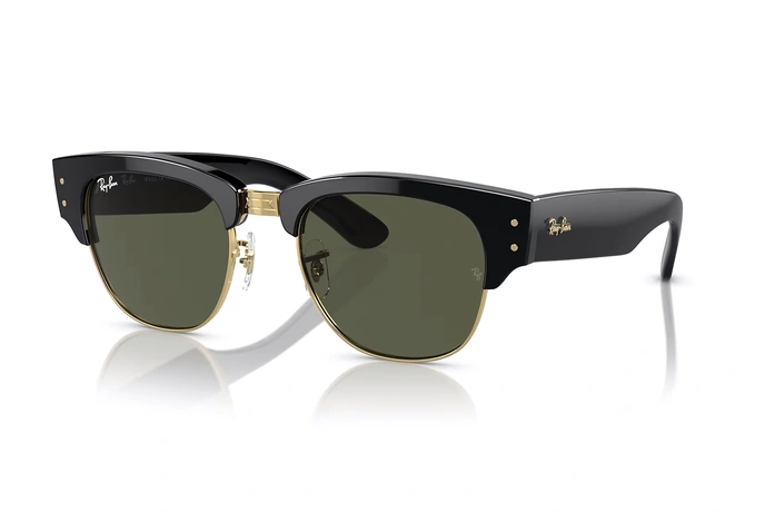 عینک آفتابی مگا کلاب مستر ری بن فریم کائوچویی مشکی با جابینی فلزی طلایی ب همراه عدسی سبز - عکس از زاویه سه رخ