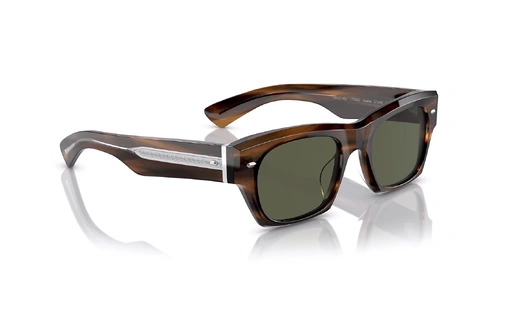 عینک آفتابی الیور پیپلز فریم کائوچویی قهوه ای شفاف و تیره به همراه عدسی سبز - عکس از زاویه سه رخ