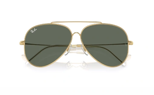 عینک آفتابی ری بن ریورس فریم خلبانی فلزی طلایی براق به همراه عدسی سبز - عکس از زاویه بسته عینک 