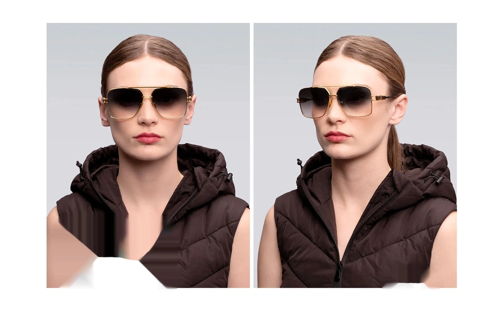 عینک آفتابی دیتا فریم تیتانیومی مدل خلبانی دو پل طلایی رنگ به همراه عدسی خاکستری طیف دار - عکس عینک روی صورت مدل