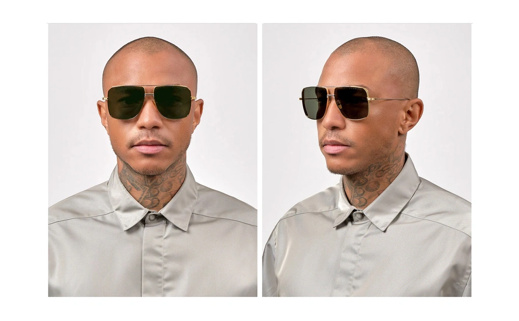 عینک آفتابی تیتانیومی شبه خلبانی دیتا با بدنه طلایی دسته های نقره‌ای و عدسی جی 15 G15 - عکس با مدل