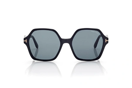 عینک آفتابی تام فورد چند ضلعی کائوچویی بدنه مشکی عدسی آبی - زاویه روبرو