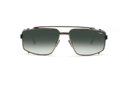 عینک آفتابی کازال فریم فلزی مستطیلی زاویه دار به رنگ طوسی روشن که گوشه حدقه ها و دسته ها فلز توری مشکی دارد به همراه عدسی سبز طیف دار - عکس از زاویه روبرو