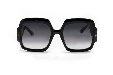 عینک آفتابی زنانه فیلیپ پلین فریم مربعی استات مشکی- دسته ها PLEIN طلایی و عدسی دودی طیف دار - عکس از زاویه روبرو