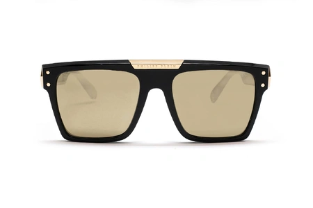 عینک آفتابی فیلیپ پلین فریم مربعی مشکی طلاکاری شده و عدسی قهوه ای طلایی - عکس از زاویه روبرو