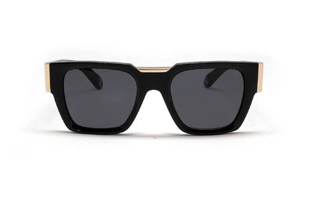 عینک آفتابی فیلیپ پلین فریم استات مربعی ضخیم مشکی به همراه لوگوی طلایی PLEIN و عدسی دودی - عکس از زاویه روبرو