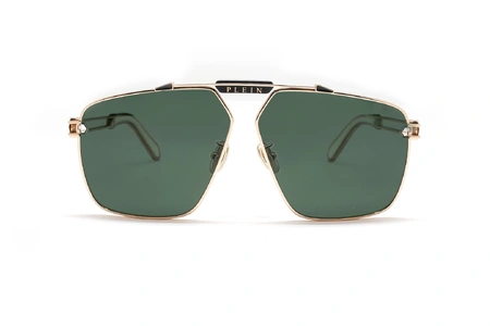 عینک آفتابی فیلیپ پلین فریم فلزی شبه خلبانی زاویه دار طلایی رنگ به همراه عدسی سبز - عکس از زاویه روبرو