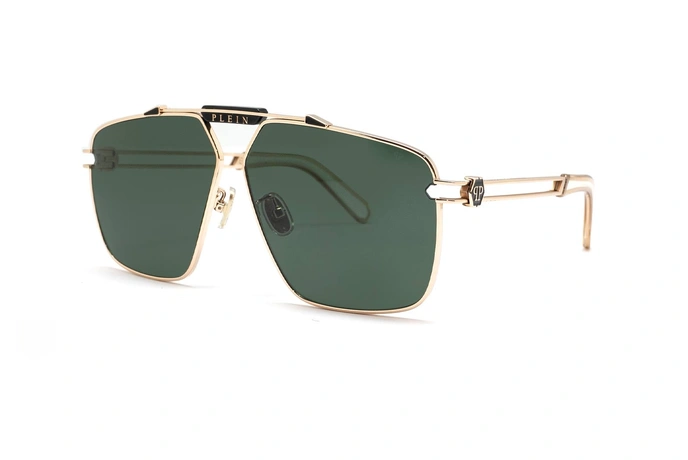 عینک آفتابی فیلیپ پلین فریم فلزی شبه خلبانی زاویه دار طلایی رنگ به همراه عدسی سبز - عکس از زاویه سه رخ