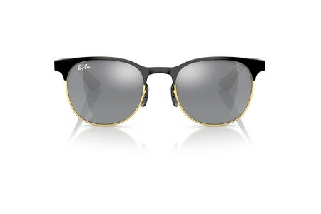 عینک آفتابی ری بن مدل فراری فریم فلزی بین گرد و مربع به رنگ طلایی-مشکی و دسته قرمز به همراه عدسی دودی آینه ای - عکس از زاویه روبرو