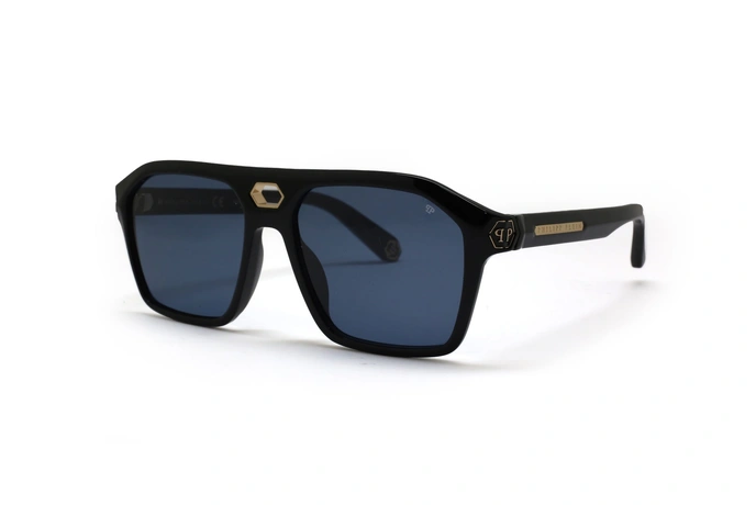 عینک آفتابی خلبانی مردانه فیلیپ پلین با بدنه استات مشکی و عدیب آبی -سه‌رخ