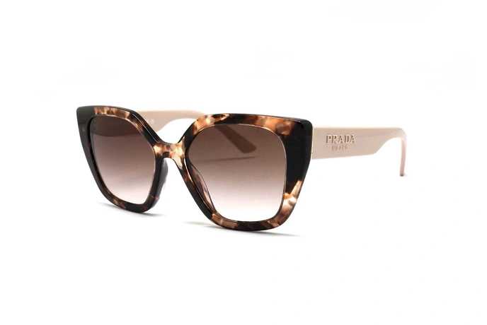 عینک آفتابی پرادا - فریم قهوه ای هاوانا با دسته صورتی و عدسی قهوه ای طیف دار - عکس از زاویه سه رخ