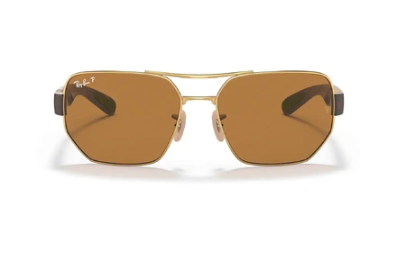 عینک آفتابی ری بن فریم چند ضلعی طلایی عدسی قهوه ای پلاریزه - عکس از زاویه روبرو