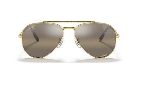 عینک آفتابی ری بن فریم فلزی خلبانی طرح جدید رنگ طلایی براق و عدسی قهوه ای جیوه ای کرومانس و پلاریزه - عکس از زاویه روبرو