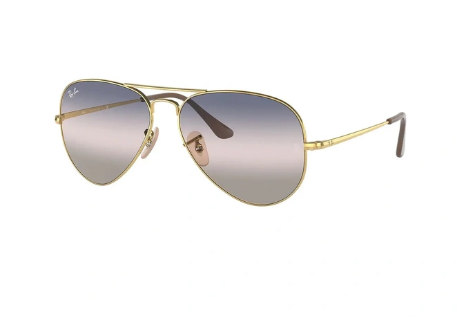 عینک آفتابی خلبانی ری بن - طلایی با عدسی سه رنگ آبی و بنفش - عکس از زاویه سه رخ