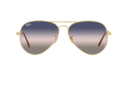 عینک آفتابی خلبانی ری بن - طلایی با عدسی سه رنگ آبی و بنفش - عکس از زاویه روبرو