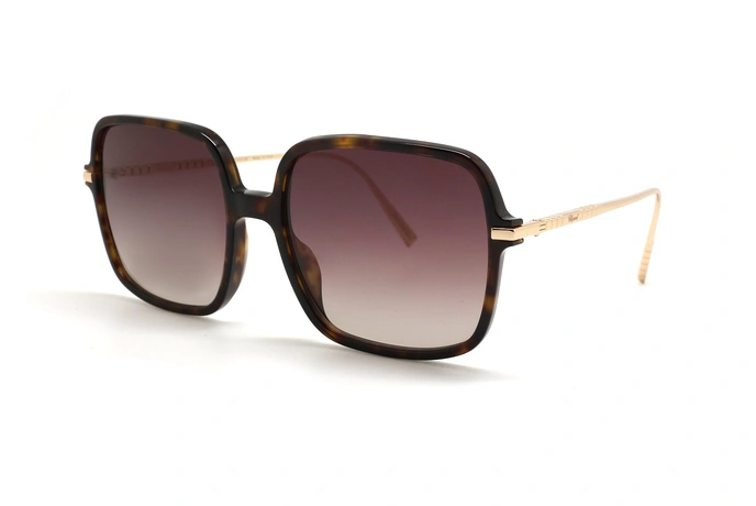 عینک آفتابی مربعی کائوچویی شوپارد - رنگ قهوه ای هاوانا با دسته های طلایی و عدسی بنفش طیف دار - عکس زاویه سه رخ