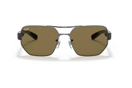 عینک آفتابی فلزی چند ضلعی ری بن -  رنگ فریم مشکی با دسته های قهوه ای هاوانا و عدسی قهوه ای - عکس از زاویه روبرو