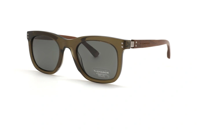 عینک آفتابی شبه ویفری تی شارژ دسته چوبی قهوه ای رنگ کائوچویی سبز رنگ - زاویه سه رخ