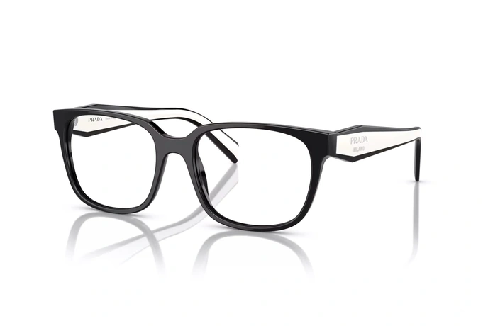عینک طبی پرادا فریم کائوچویی مربعی از روبرو مشکی به همراه دسته های سفید مشکی با لوگوی PRADA - عکس از زاویه سه رخ