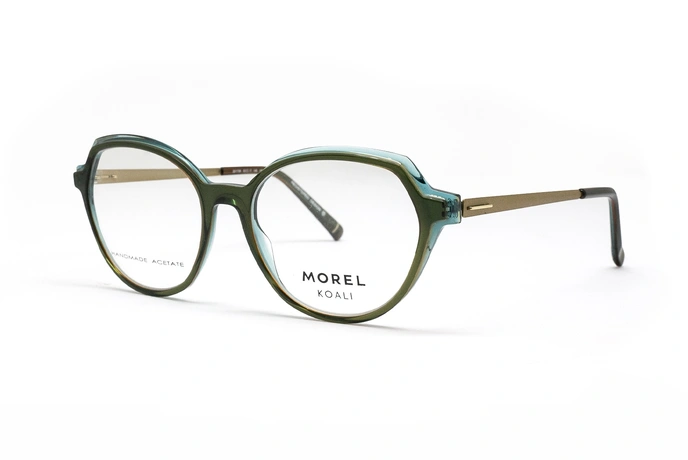 عینک طبی کوالی فریم کائوچویی گربه ای سبز با ابرویی سبز آبی شفاف - عکس از زاویه سه رخ