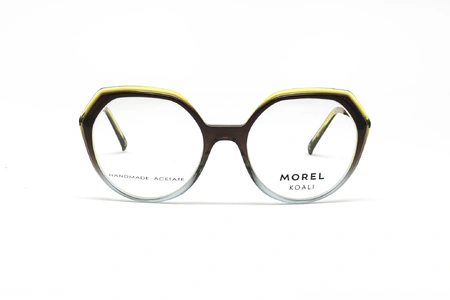 عینک طبی زنانه کوالی فریم کائوچویی گرد به رنگ قهوه‌ای و طوسی شیشه ای و ابرویی زرد - عکس از زاویه روبرو