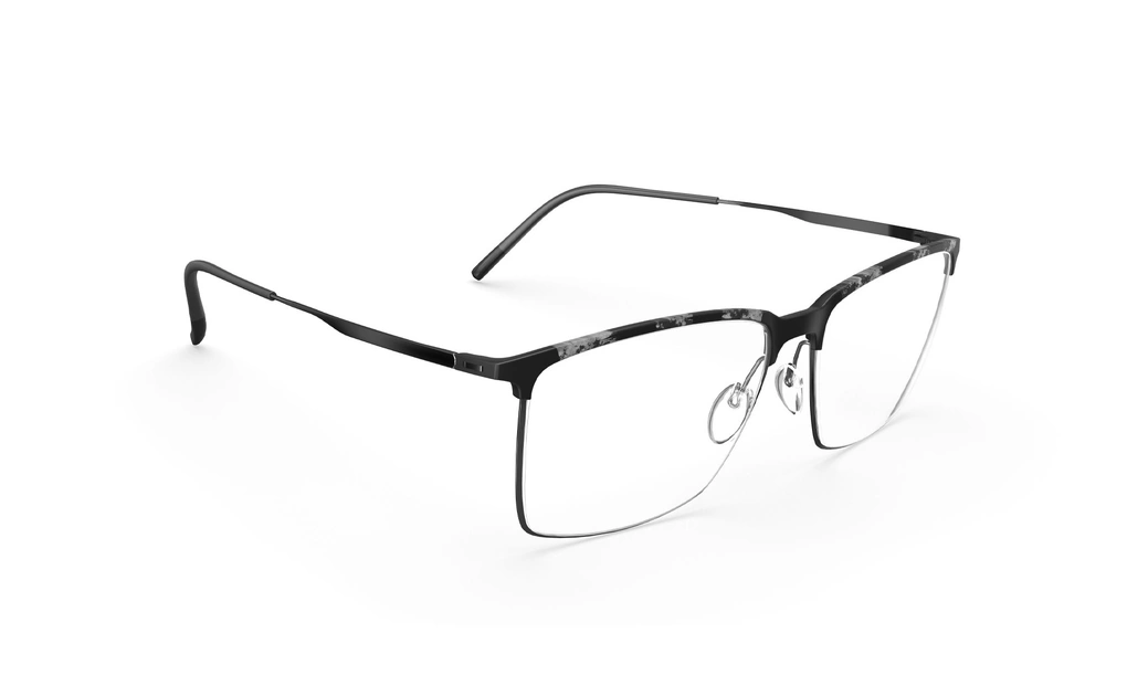 عینک طبی مستطیلی زیرگریف سیلوئت با حدقه طوسی و بدنه تیتانیومی گرافیتی - زاویه سه‌رخ