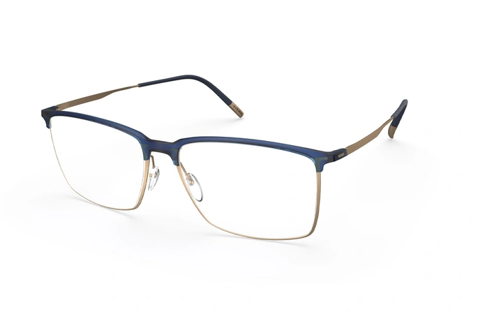 عینک طبی مستطیلی زیرگریف سیلوئت با حدقه آبی و بدنه تیتانیومی طلایی - زاویه سه‌رخ