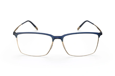 عینک طبی مستطیلی زیرگریف سیلوئت با حدقه آبی و بدنه تیتانیومی طلایی - زاویه روبرو