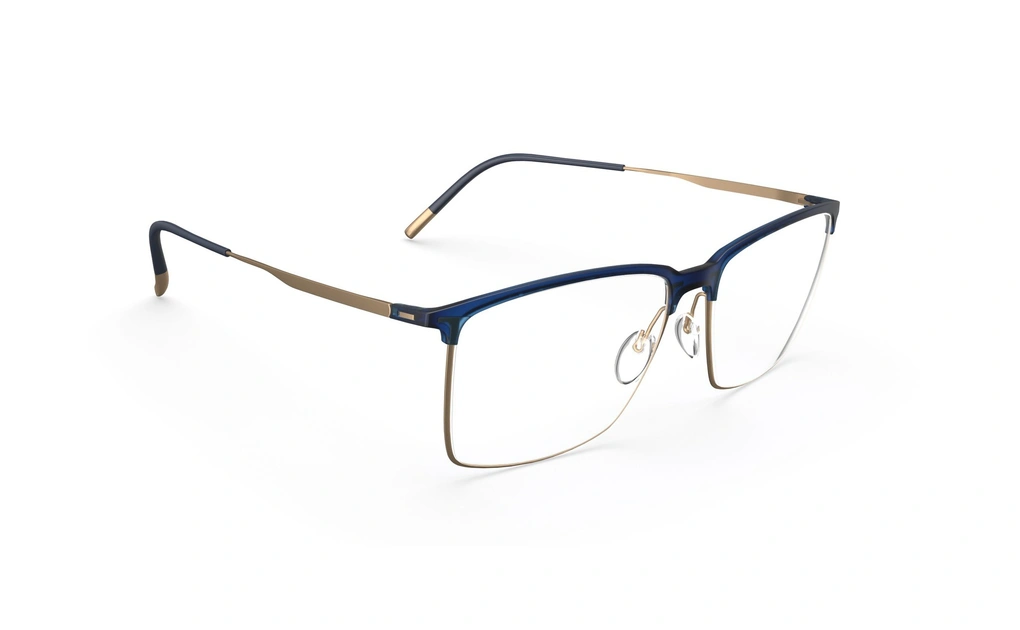 عینک طبی مستطیلی زیرگریف سیلوئت با حدقه آبی و بدنه تیتانیومی طلایی - زاویه سه‌رخ