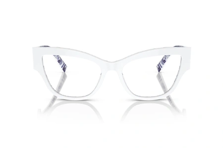عینک طبی گربه‌ای دولچه و گابانا به رنگ سفید و پترن مدیترانه‌ای آبی دولچه - زاویه روبرو