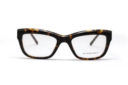 عینک طبی زنانه بربری فریم کائوچویی گربه ای قهوه ای هاوانا به همراه دسته طلایی کار شده - عکس از زاویه روبرو