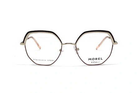 عینک طبی زنانه پروانه‌ای کوالی با بدنه فلزی زرشکی و بالای حدقه مشکی و دسته طلایی-روبرو