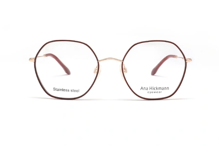 عینک طبی زنانه چندضلعی آناهیکمن با بدنه طلایی و حدقه دور قرمز - روبرو