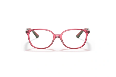 عینک طبی بچگانه ری بن فریم استات مربعی حدقه ها قرمز شفاف و دسته ها قرمز و طوسی - عکس از زاویه روبرو