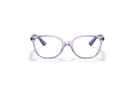 عینک طبی بچگانه ری بن فریم استات مربعی حدقه ها بنفش شفاف و دسته های بنفش و آبی - عکس از زاویه روبرو