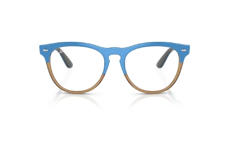 عینک طبی ری بن مدل آیریس فریم کائوچویی گرد دو رنگ آبی براق و قهوه ای عسلی - عکس از زاویه روبرو