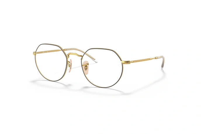 عینک طبی ری بن مدل جک فریم فلزی طلایی و حدقه های گرد زاویه دار - عکس از زاویه سه رخ