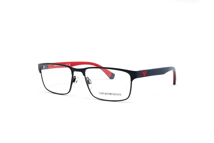 عینک طبی امپریو آرمانی فریم فلزی مستطیلی رنگ سرمه ای دسته قرمز - عکاسی وحدت -  عکس از زاویه سه رخ
