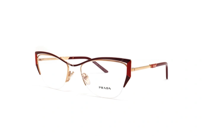 عینک طبی زنانه فریم کائوچویی فلزی گربه ای رنگ رزگلد پرادا - عکاسی وحدت - زاویه سه رخ