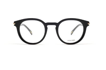 عینک طبی پلیس فریم کائوچویی گرد مشکی و دسته های طلایی کار شده - عکس از زاویه روبرو