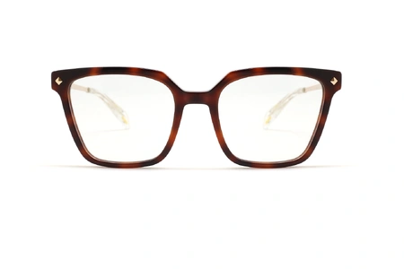 عینک طبی زنانه پلیس فریم کائوچویی مربعی زاویه دار به رنگ قهوه ای هاوانا و دسته فلزی طلایی - عکس از زاویه روبرو