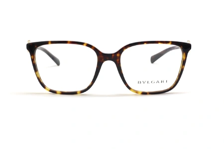 عینک طبی بولگاری فریم کائوچویی مربعی رنگ قهوه ای هاوانا روی دسته ها نگین کاری شده - عکس از زاویه روبرو