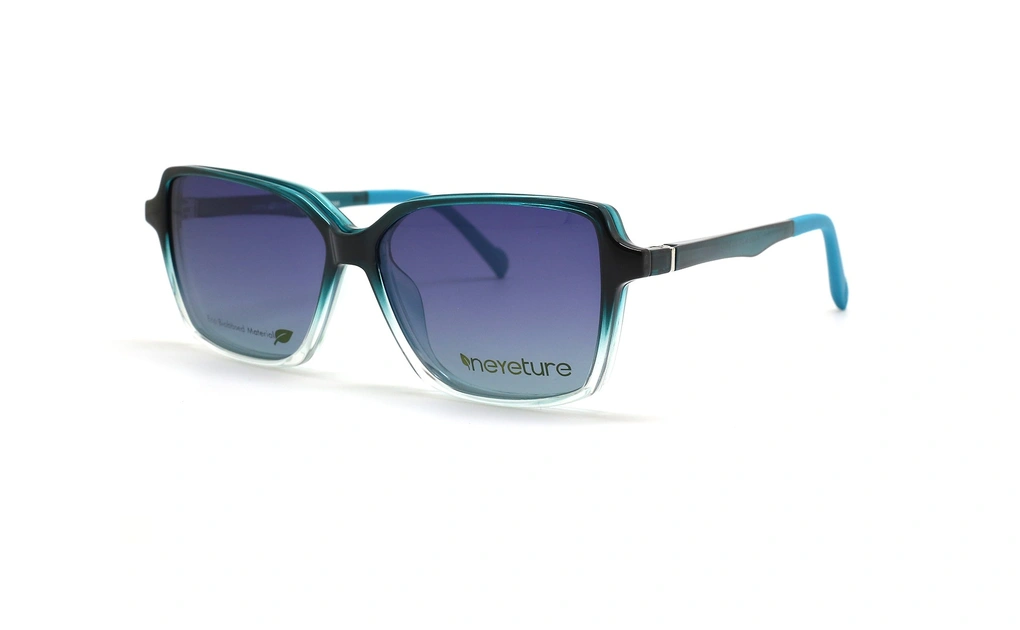 عینک طبی رویه دار سنترواستایل فریم کائوچویی مربعی دو رنگ سبز آبی و شیشه ای  - عکس از زاویه سه رخ با رویه آفتابی سورمه ای 