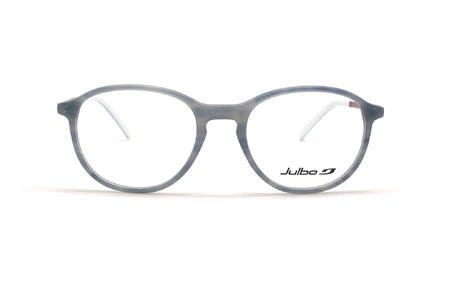 عینک طبی جولبو فریم کائوچویی بیضی، حدقه ها طوسی هاوانا و دسته ها آبی و جگری - عکس از زاویه روبرو