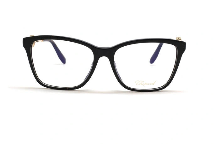 عینک طبی زنانه شوپارد فریم کائوچویی گربه ای مشکی دسته طلایی نگین دار - عکس از زاویه روبرو