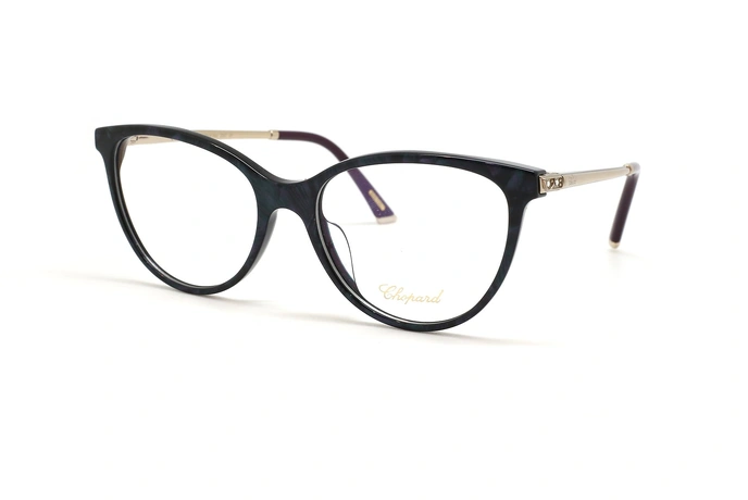 عینک طبی زنانه شوپارد فریم کائوچویی دسته طلایی حدقه گربه ای به رنگ سورمه ای ابر و باد - عکس از زاویه سه رخ