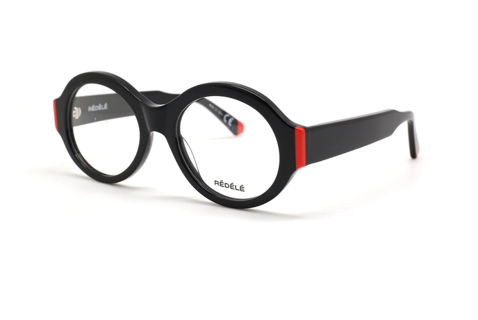 عینک طبی REDELE فریم کائوچویی بیضی خاص رنگ مشکی و گوشه های قرمز - عکس از زاویه سه رخ