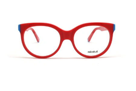 عینک طبی REDELE فریم کائوچویی بیضی ضخیم به رنگ قرمز و گوشه های حدقه و انتهای دسته ها آبی - عکس از زاویه روبرو