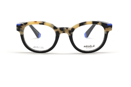 عینک طبی کائوچویی Rédélé فریم کائوچویی مشکی، قهوه ای زرد هاوانا و آبی، حدقه های بیضی شکل - عکس از زاویه روبرو
